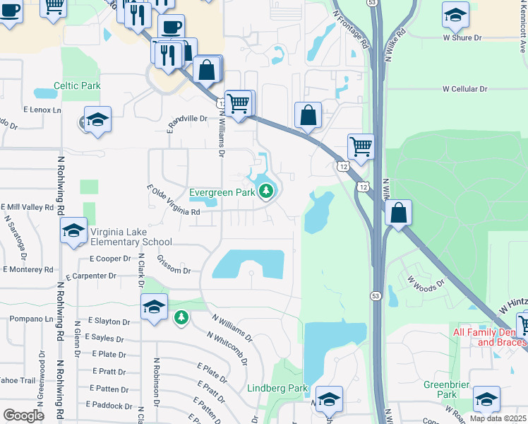 map of restaurants, bars, coffee shops, grocery stores, and more near 1397 East Evergreen Drive in Palatine