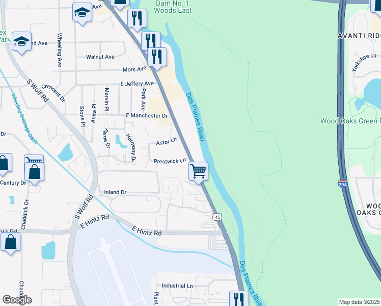 map of restaurants, bars, coffee shops, grocery stores, and more near 635-769 South Milwaukee Avenue in Wheeling