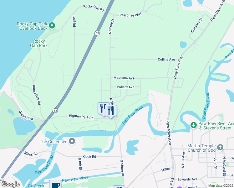 map of restaurants, bars, coffee shops, grocery stores, and more near 805 Etta Street in Benton Harbor