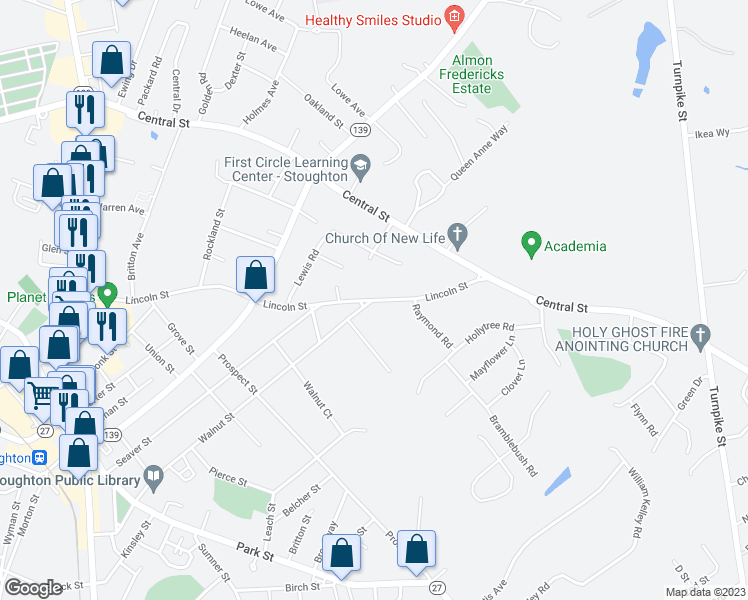 map of restaurants, bars, coffee shops, grocery stores, and more near 341 Lincoln Street in Stoughton