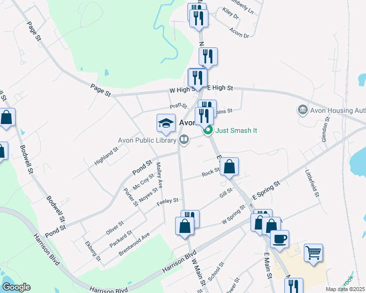map of restaurants, bars, coffee shops, grocery stores, and more near 280 West Main Street in Avon