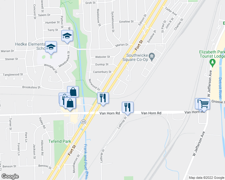 map of restaurants, bars, coffee shops, grocery stores, and more near 12 Fort Street in Trenton