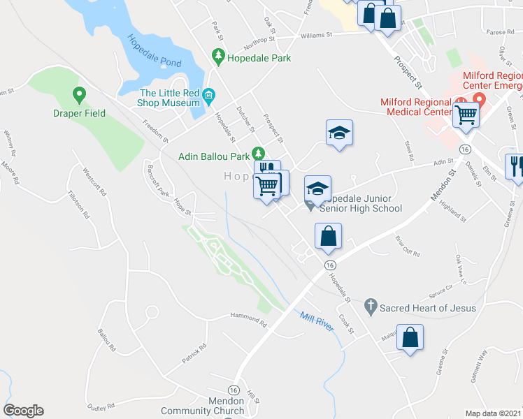 map of restaurants, bars, coffee shops, grocery stores, and more near 7 Depot Street in Hopedale