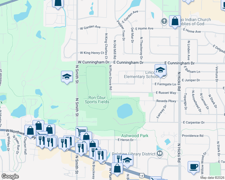map of restaurants, bars, coffee shops, grocery stores, and more near 6 East Russet Way in Palatine