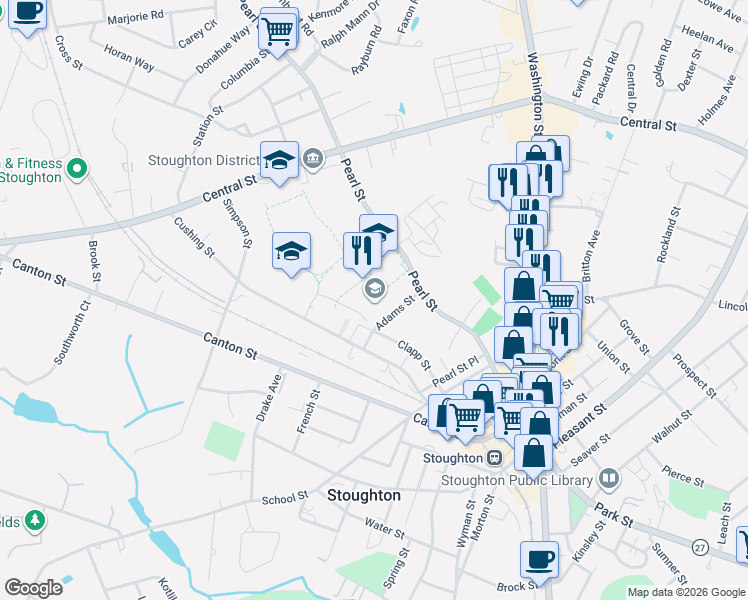 map of restaurants, bars, coffee shops, grocery stores, and more near 232 Pearl Street in Stoughton