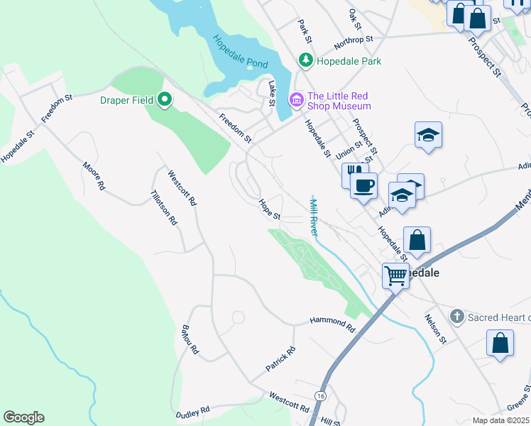map of restaurants, bars, coffee shops, grocery stores, and more near 14 Hope Street in Hopedale