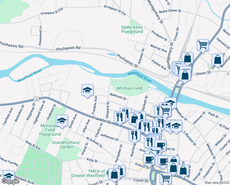 map of restaurants, bars, coffee shops, grocery stores, and more near 19 Belmont Street in Westfield