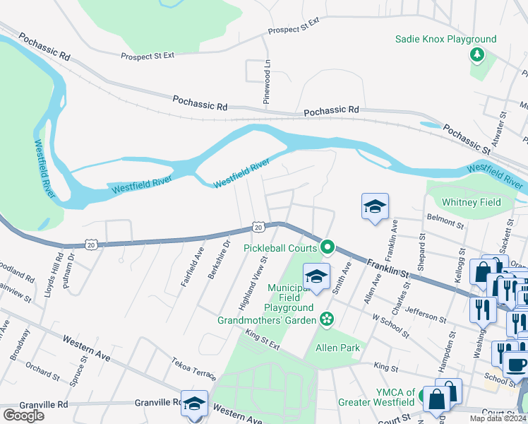 map of restaurants, bars, coffee shops, grocery stores, and more near 15 Stratfield Avenue in Westfield