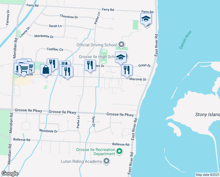 map of restaurants, bars, coffee shops, grocery stores, and more near in Grosse Ile Township