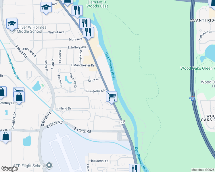 map of restaurants, bars, coffee shops, grocery stores, and more near 635-769 South Milwaukee Avenue in Wheeling