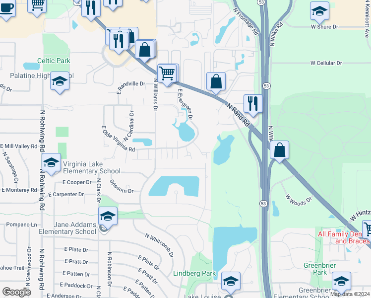 map of restaurants, bars, coffee shops, grocery stores, and more near 1357 East Evergreen Drive in Palatine
