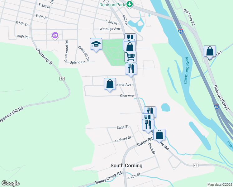 map of restaurants, bars, coffee shops, grocery stores, and more near 16 Glen Avenue in South Corning