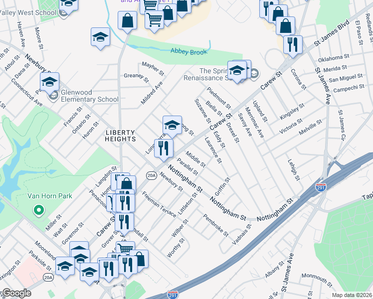 map of restaurants, bars, coffee shops, grocery stores, and more near 977 Carew Street in Springfield