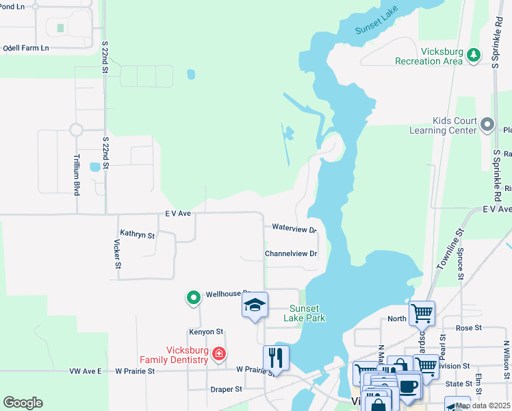 map of restaurants, bars, coffee shops, grocery stores, and more near 3979 East V Avenue in Vicksburg