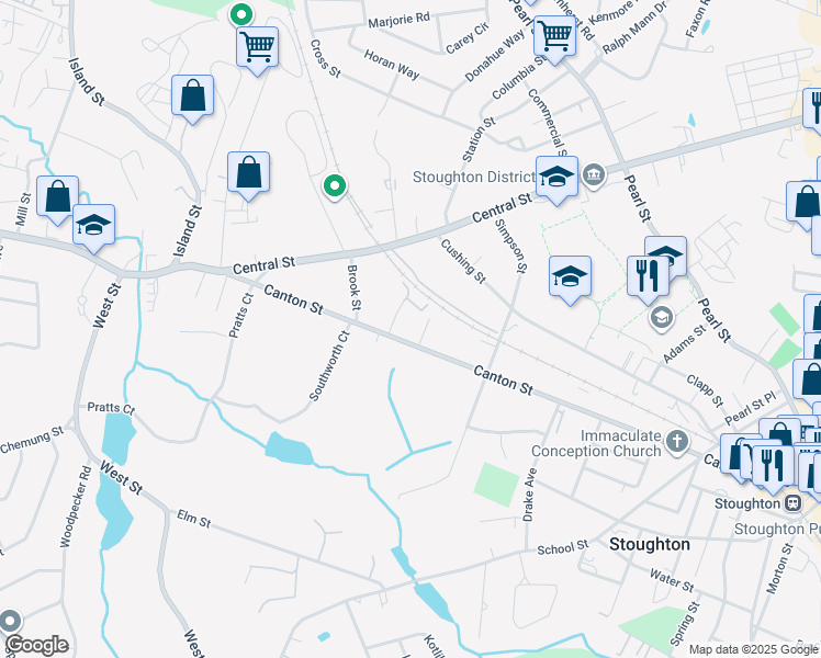 map of restaurants, bars, coffee shops, grocery stores, and more near 427 Canton Street in Stoughton