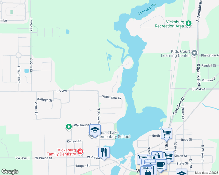 map of restaurants, bars, coffee shops, grocery stores, and more near 12981 Bayview Drive in Vicksburg