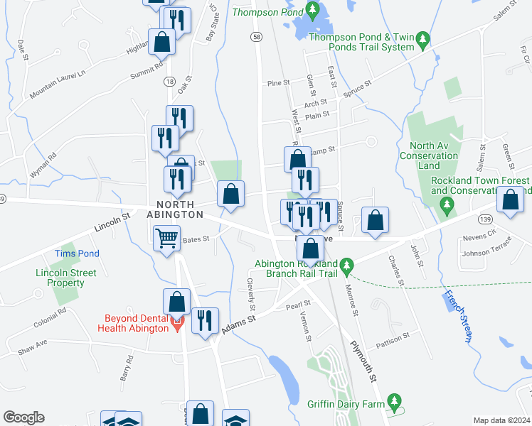 map of restaurants, bars, coffee shops, grocery stores, and more near 288 Massachusetts 58 in Abington