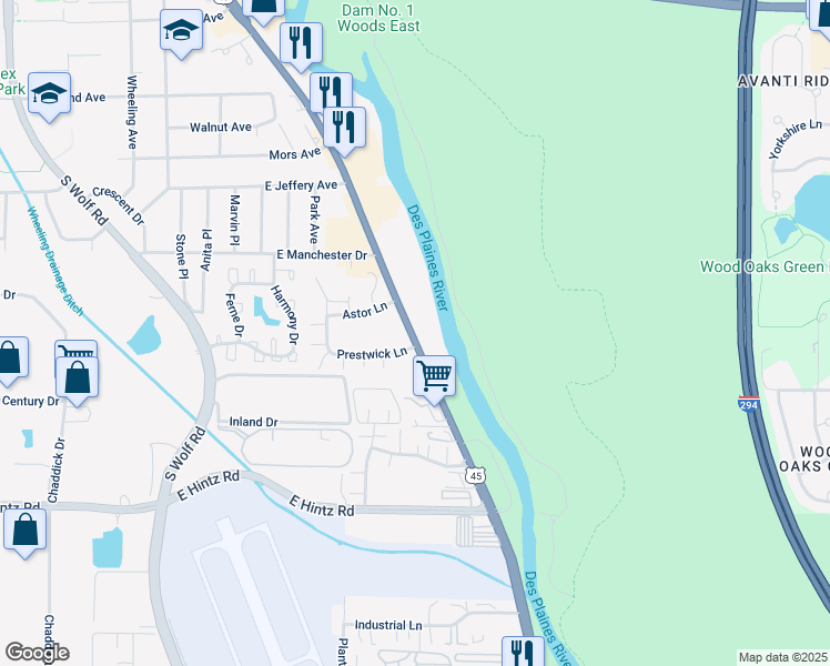 map of restaurants, bars, coffee shops, grocery stores, and more near 635-769 South Milwaukee Avenue in Wheeling