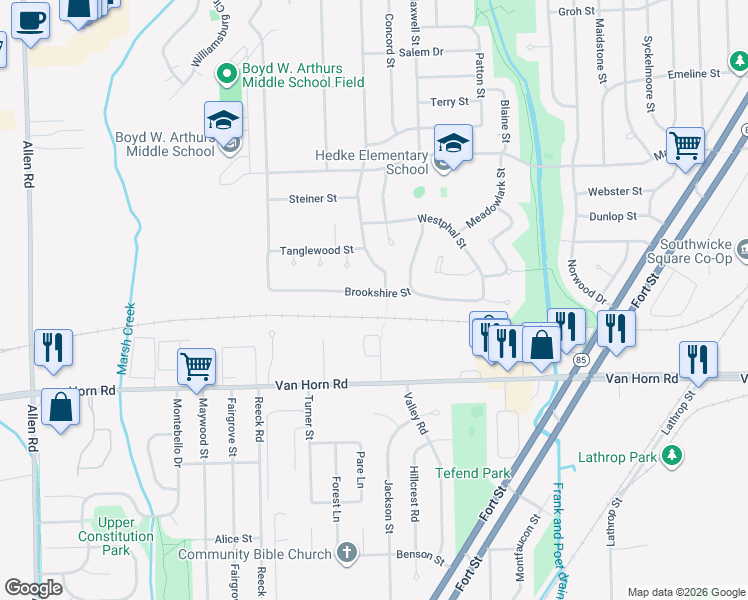 map of restaurants, bars, coffee shops, grocery stores, and more near 3531 Brookshire Street in Trenton