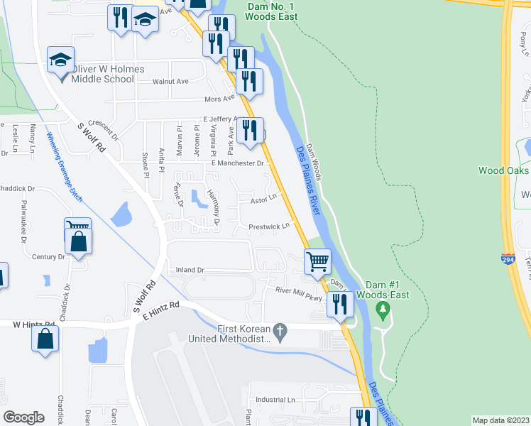 map of restaurants, bars, coffee shops, grocery stores, and more near 720 Astor Lane in Wheeling