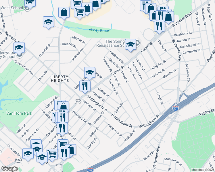 map of restaurants, bars, coffee shops, grocery stores, and more near 27 Border Street in Springfield