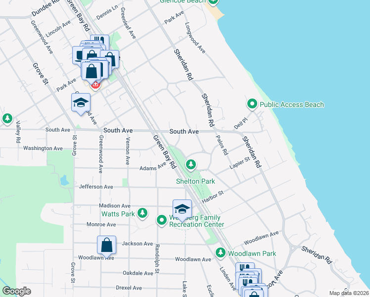 map of restaurants, bars, coffee shops, grocery stores, and more near 427 Old Green Bay Road in Glencoe