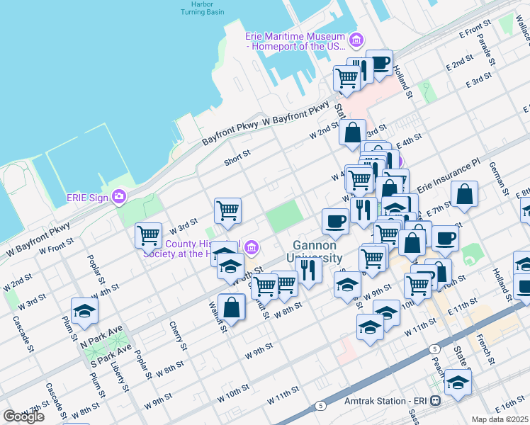 map of restaurants, bars, coffee shops, grocery stores, and more near 299 West 4th Street in Erie
