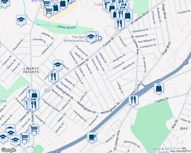 map of restaurants, bars, coffee shops, grocery stores, and more near 174 Drexel Street in Springfield
