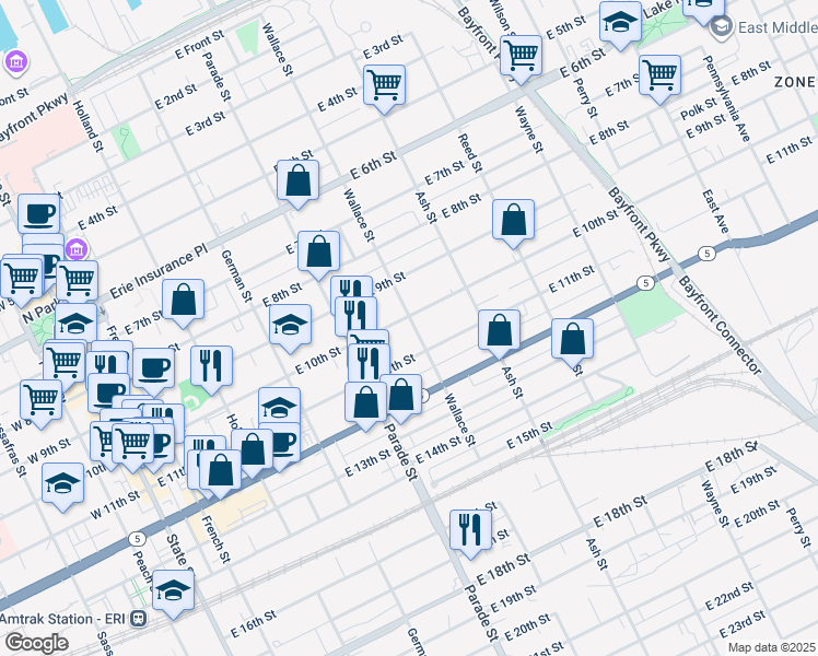 map of restaurants, bars, coffee shops, grocery stores, and more near 1014 Wallace Street in Erie