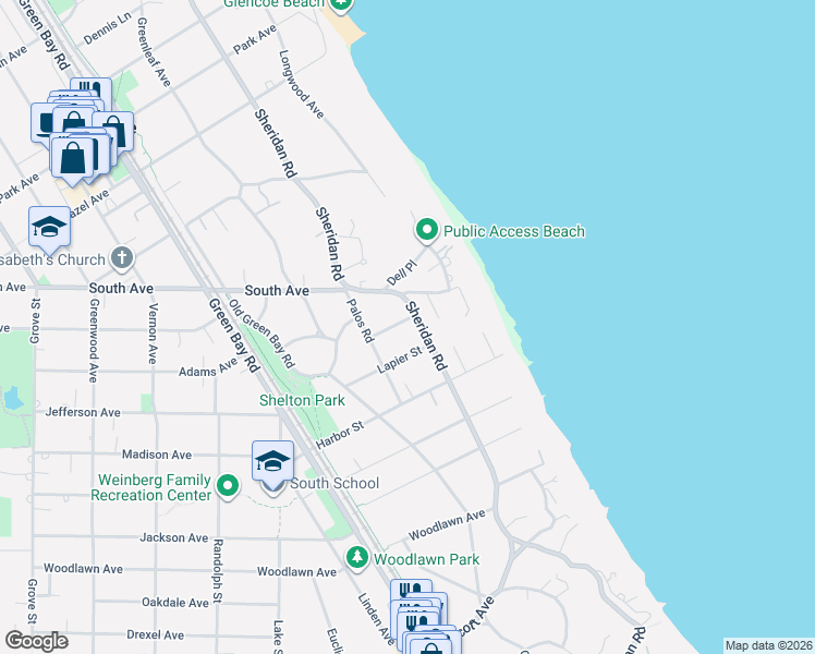 map of restaurants, bars, coffee shops, grocery stores, and more near 350 Sheridan Road in Glencoe