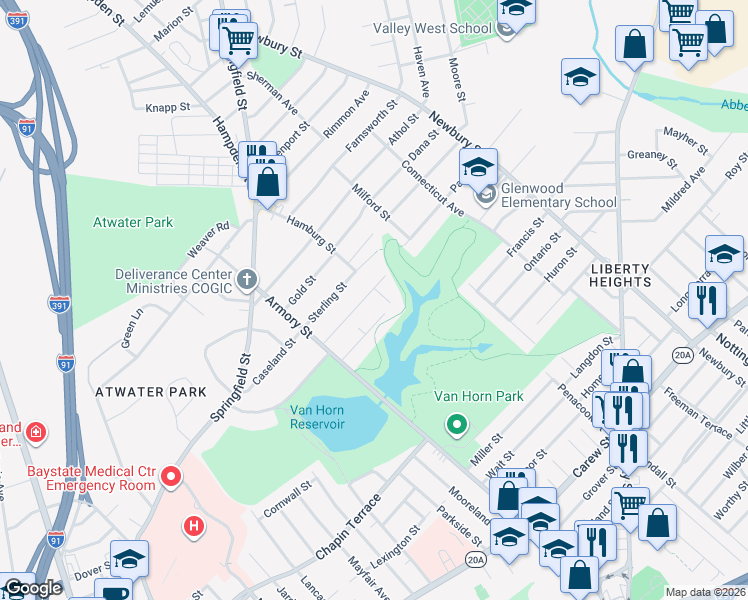 map of restaurants, bars, coffee shops, grocery stores, and more near 61 Bevier Street in Springfield