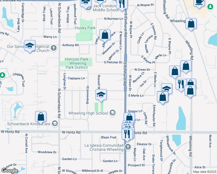 map of restaurants, bars, coffee shops, grocery stores, and more near 910 Vera Lane in Wheeling