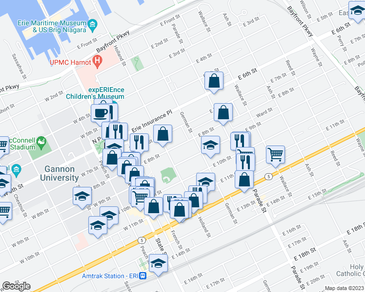 map of restaurants, bars, coffee shops, grocery stores, and more near 233 East 8th Street in Erie