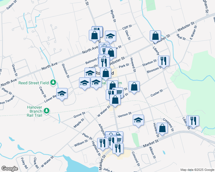 map of restaurants, bars, coffee shops, grocery stores, and more near 258 Union Street in Rockland
