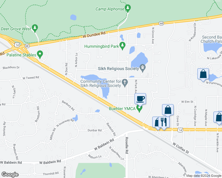 map of restaurants, bars, coffee shops, grocery stores, and more near 1480 West Poplar Street in Palatine