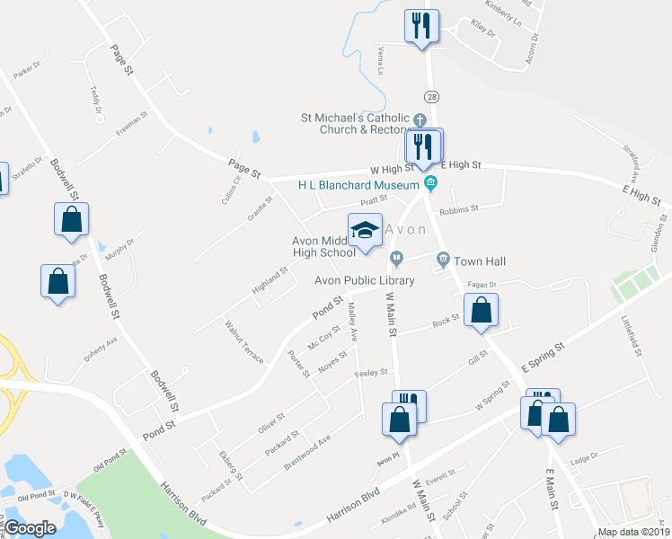 map of restaurants, bars, coffee shops, grocery stores, and more near 19 Page Street in Avon