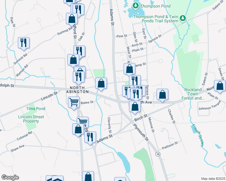 map of restaurants, bars, coffee shops, grocery stores, and more near 90 North Avenue in Abington