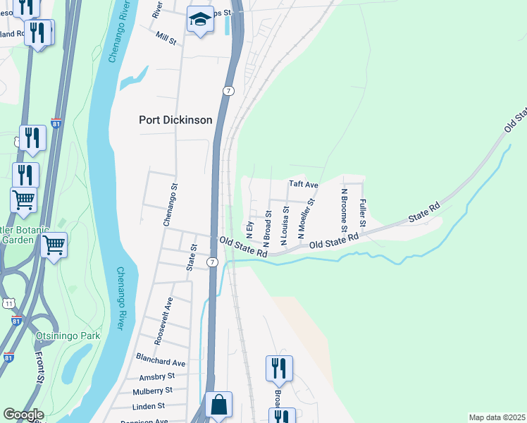 map of restaurants, bars, coffee shops, grocery stores, and more near Macomber St in Binghamton