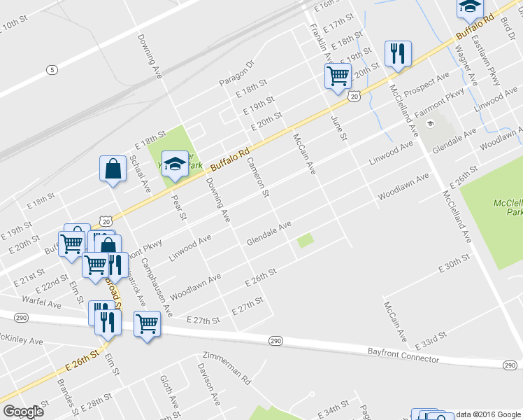 map of restaurants, bars, coffee shops, grocery stores, and more near 1852 Linwood Ave in Erie