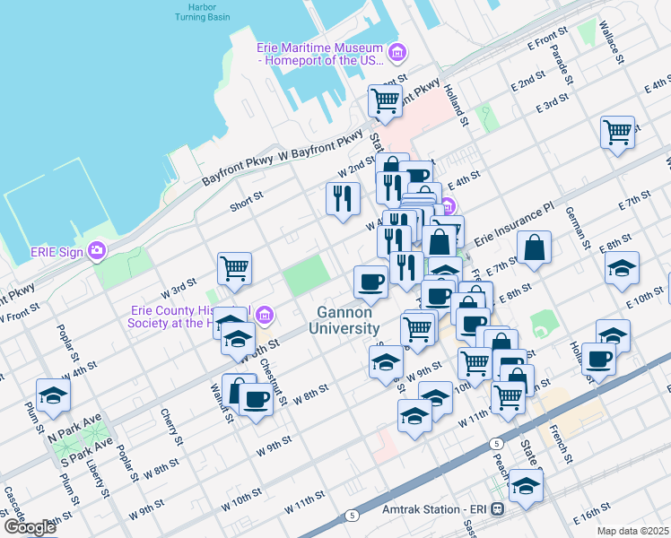 map of restaurants, bars, coffee shops, grocery stores, and more near 204 West 5th Street in Erie
