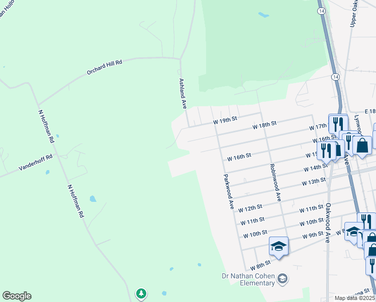 map of restaurants, bars, coffee shops, grocery stores, and more near 322 West 17th Street in Elmira