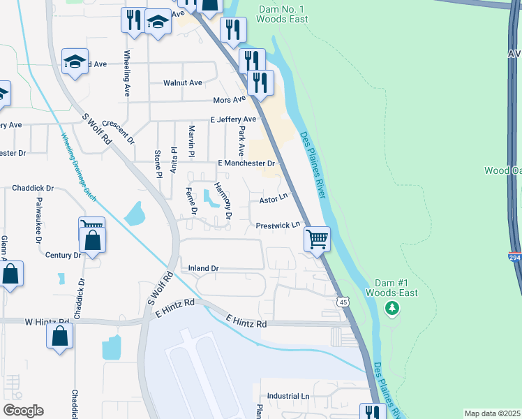 map of restaurants, bars, coffee shops, grocery stores, and more near 511 Prestwick Lane in Wheeling