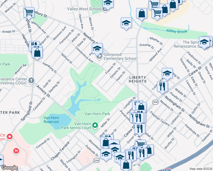 map of restaurants, bars, coffee shops, grocery stores, and more near 59 Saint Lawrence Avenue in Springfield