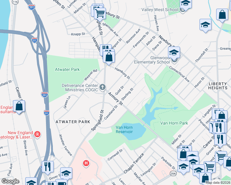 map of restaurants, bars, coffee shops, grocery stores, and more near 11 Gold Street in Springfield