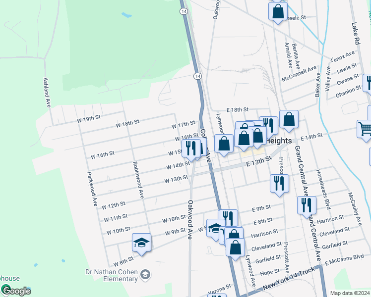 map of restaurants, bars, coffee shops, grocery stores, and more near 201 West 15th Street in Elmira