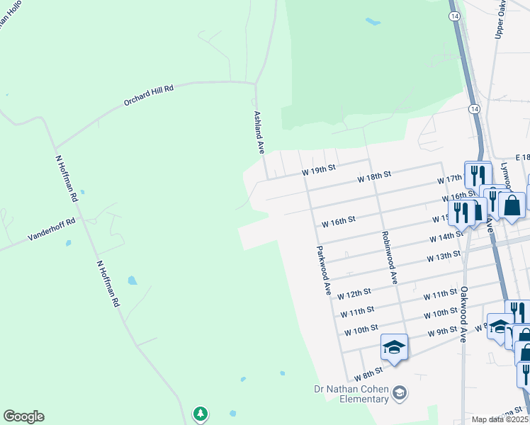map of restaurants, bars, coffee shops, grocery stores, and more near 322-324 West 17th Street in Elmira