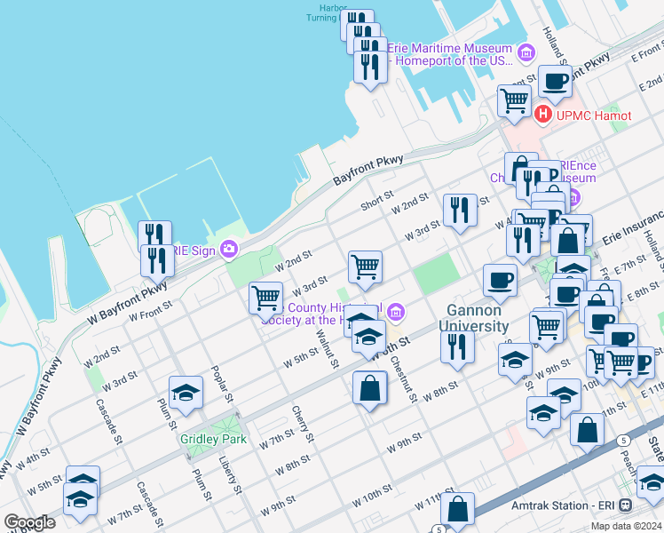 map of restaurants, bars, coffee shops, grocery stores, and more near 432 West 3rd Street in Erie