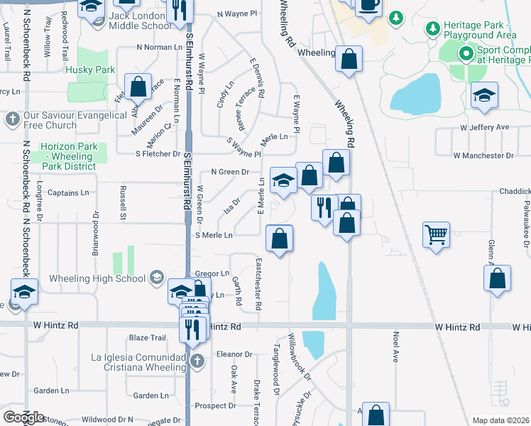 map of restaurants, bars, coffee shops, grocery stores, and more near 515 East Merle Lane in Wheeling