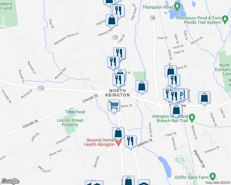 map of restaurants, bars, coffee shops, grocery stores, and more near 9 Randolph Street in Abington
