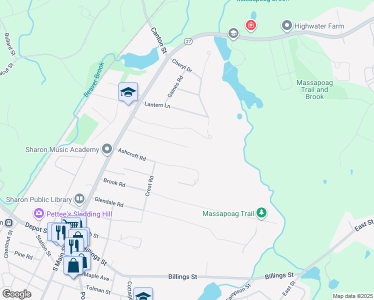 map of restaurants, bars, coffee shops, grocery stores, and more near 55 Huntington Avenue in Sharon